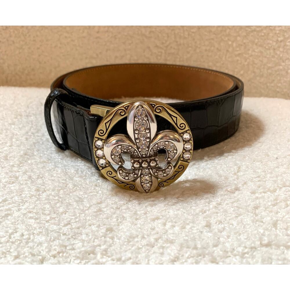 Brighton Black Croc Embossed Leather Belt Crystal Fleur de Lis Buckle Size 36